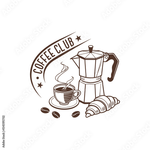 Coffee Club logo design: steaming coffee cup, moka pot, croissant