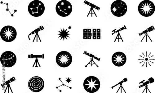 Collection of silhouette astronomy icons including telescopes and constellation images