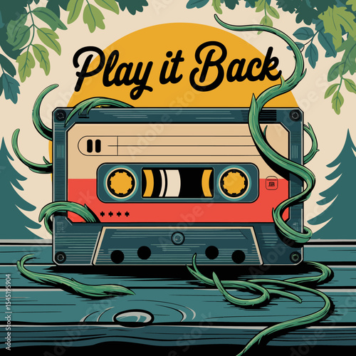 Vintage Cassette Tape Retro Music Design Play it Back Nature Aesthetic Summer Vibes Nostalgia Graphic Illustration Artistic Artwork Colorful Background Wooden Tabletop Green Vines 80s 90s mood plant  