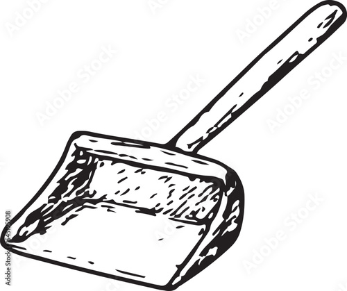 A black-and-white sketch of a dustpan with a wide, shallow design, perfect for sweeping debris, ideal for household, janitorial, and cleaning-themed illustrations
