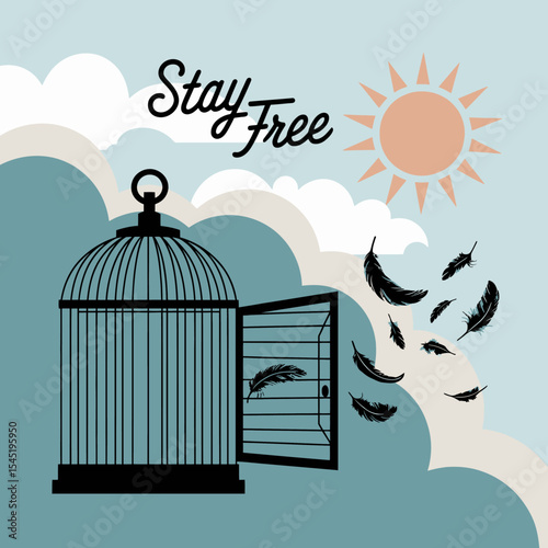 Open Birdcage Freedom Concept Illustration Design Graphic Peaceful Sky Sunshine Feathers Escape Hopeful Inspirational Motivational Positive Artistic Image Vector Background Summer Freedom Liberty Open