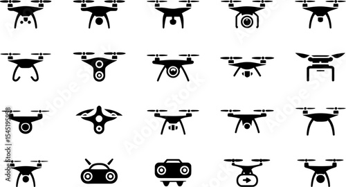 Drone icons collection black silhouette aerial photography technology set