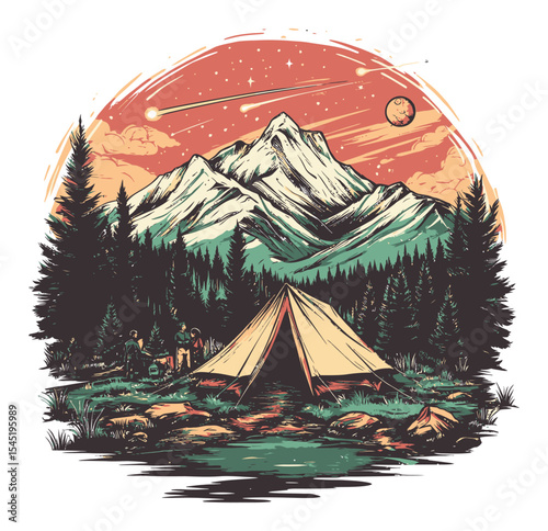 Scenic Mountain Camping Illustration with Tent and Starry Sky at Dusk