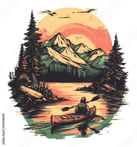 Serene Kayaking Adventure in Nature with Mountains and Lake Reflection