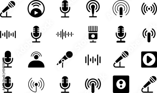 Podcast and audio elements icon set black and white illustration