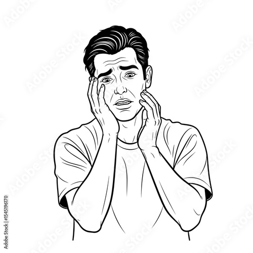 Concerned man expressing stress and worry in a casual t-shirt