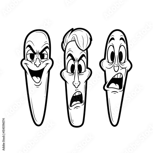 Three cartoon characters expressing different emotions: happiness, anger, and surprise