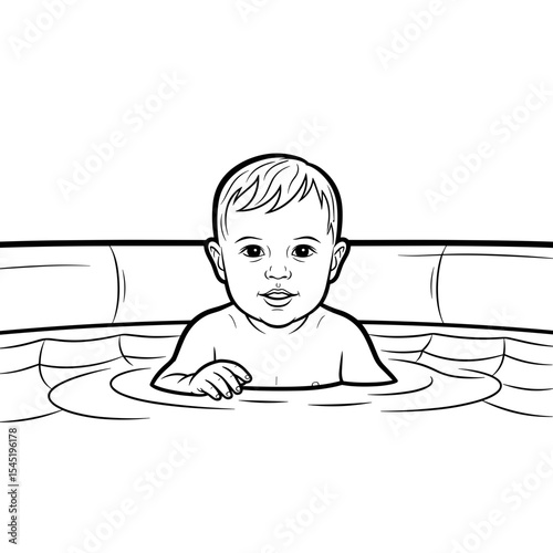 Happy baby in a bathtub enjoying water playtime