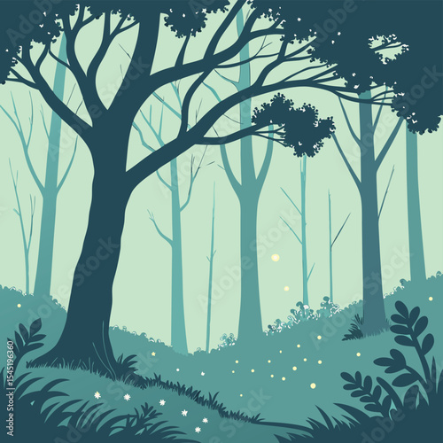 Illustration of a dense forest with tall trees and small white flowers scattered on the ground below them