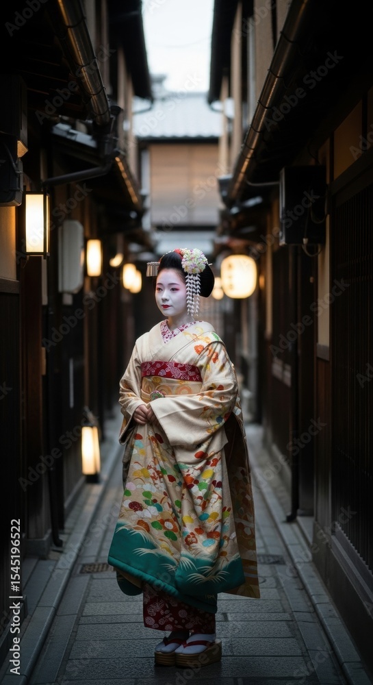 Fototapeta premium Young asian female in traditional kimono walking down narrow japanese alleyway at dusk