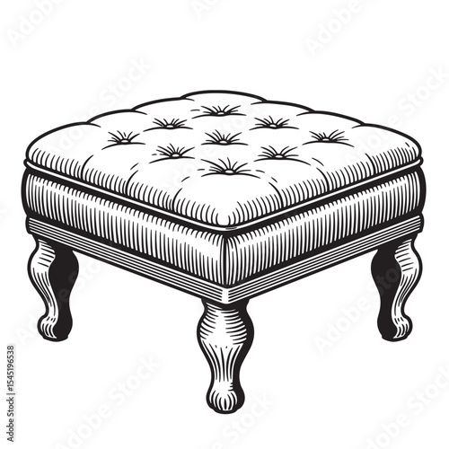 Vintage art silhouette illustration of a classic tufted ottoman footstool in black and white