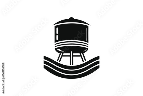 Black and White Water Tower Icon with Abstract Water Waves