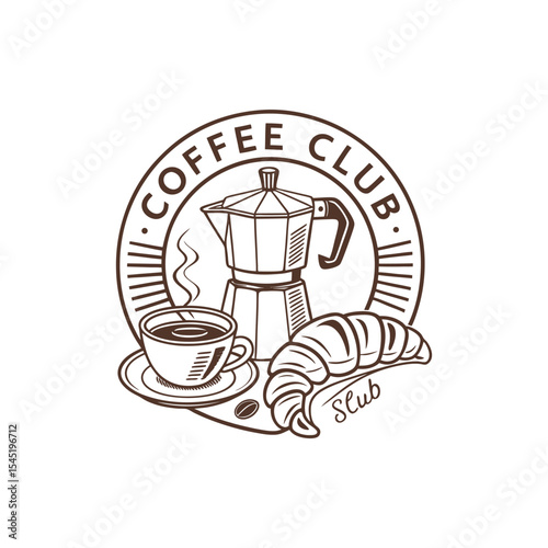 Coffee Club logo: Moka pot, coffee cup, croissant, coffee bean