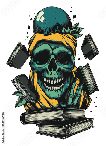 Colorful Skull Design with Books and Orb in Vector Graphic Style