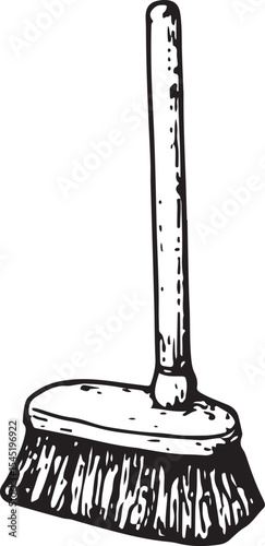 A black-and-white sketch of a sturdy scrub brush with dense bristles, ideal for cleaning surfaces, perfect for household, janitorial, and hygiene-themed illustrations
