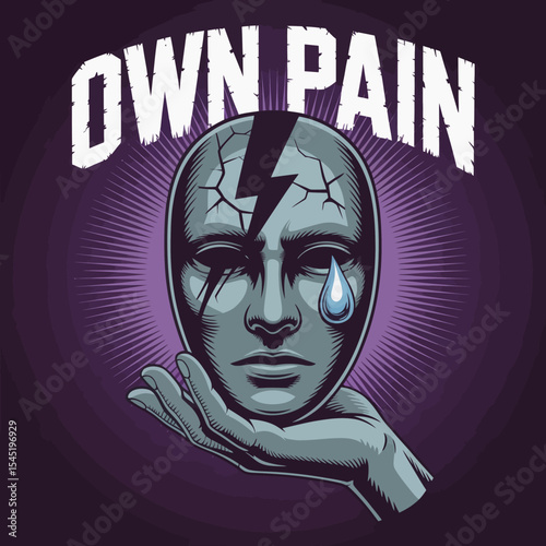 Emotional Pain Sadness Mask Broken Face Graphic Design Illustration Art Artwork Digital Painting Vintage Style Hand Holding Weeping Mask Distress Sorrow Suffering Mental Health Concept Psychological  