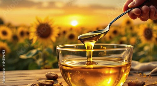 Golden sunflower oil in a glass bowl with seeds and sunflower field in background