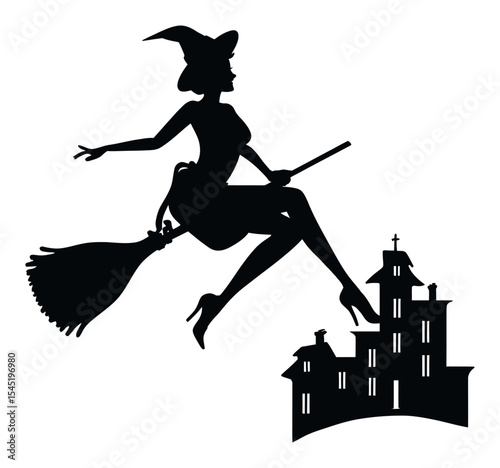Elegant Witch Silhouette Flying Over Houses in a Spooky Night Background