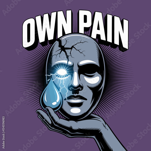 Distressed Mask Surreal Art Graphic Design Own Pain Emotional Pain Broken Mask Hand Holding Tear Lightning Eye Dramatic Intense Feelings Mental Health Dark Art Vector Illustration Vintage Style       