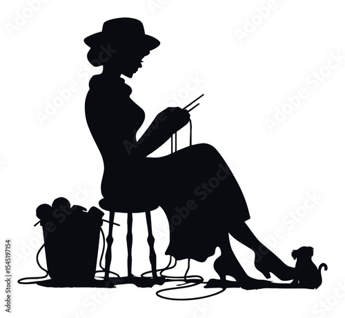 Serene Silhouette of a Woman Knitting with a Cat by Her Side
