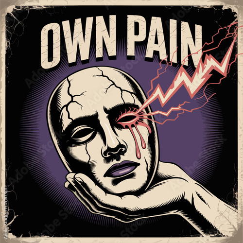 Vintage Style Pain Mask Illustration Graphic Design Element Bleeding Eye Shock Lightning Bolt Dramatic Artwork Retro Poster Dark Art Surreal Image Mysterious Face Hand Holding Mask Grunge Texture     