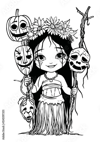Hand-Drawn Illustration of a Girl with Masks and Floral Headdress