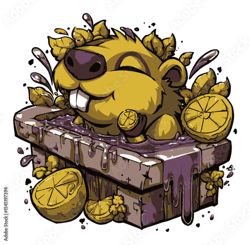 Happy Cartoon Beaver in a Bath Surrounded by Lemons and Splashes