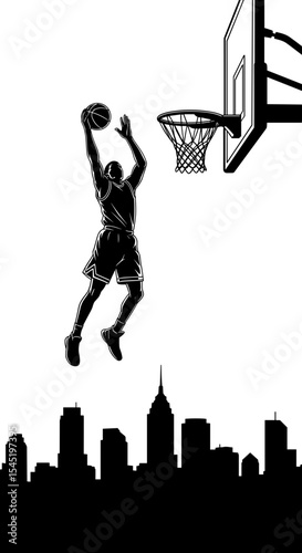 Silhouette of a basketball player performing a slam dunk against a city skyline