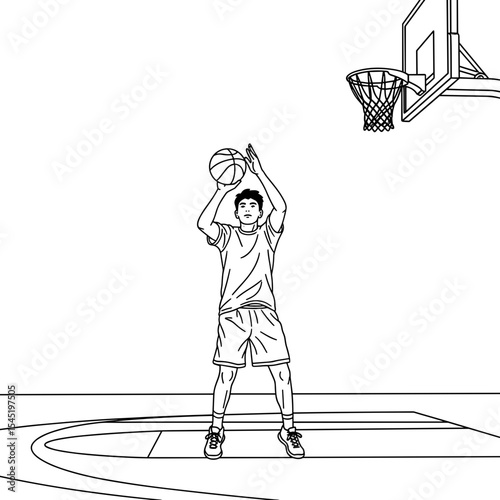 Young basketball player shooting a free throw in sketch style for sports training concept