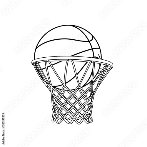 Basketball entering a hoop in line art style for sports concept