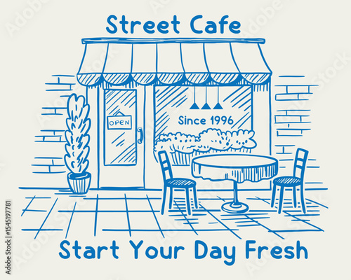 Vintage street cafe illustration  for t-shirt, poster graphic print, vintage coffee shop with table and chair sketch, Paris local food artwork. Retro vintage artwork for t-shirt, cafe poster design.