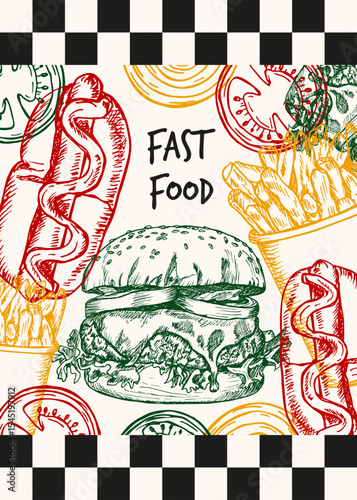 Fast food poster design with outline vector sketch illustrations and typography text. Hot dog, burger, french fries in engraving style, hand drawn clipart isolated