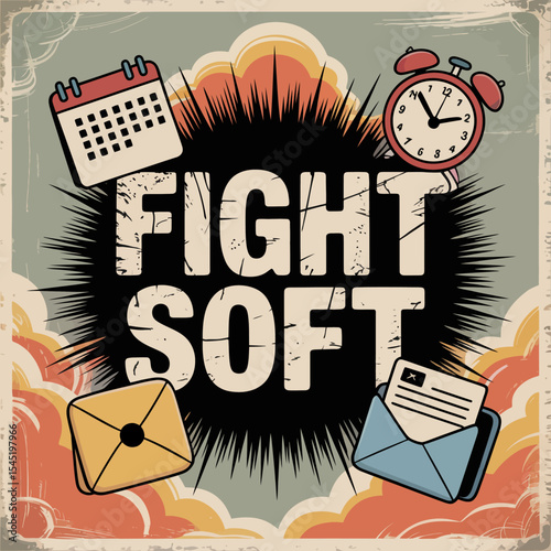Vintage Retro Style Fight Soft Motivational Poster Design Graphic Illustration Time Management Calendar Email Clock Concept Art Background Image text work life goal power print effort result vector   