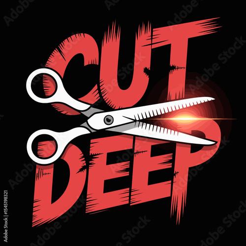 Sharp Scissors Cutting Deep Red Text Graphic Design Vintage Style Barber Shop Hair Salon Illustration Professional Hairdressing Tools Bold Typography Retro Design Element art web logo icon black white