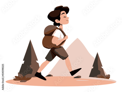 Cheerful Cartoon Character Hiking in Nature with Backpack and Trees