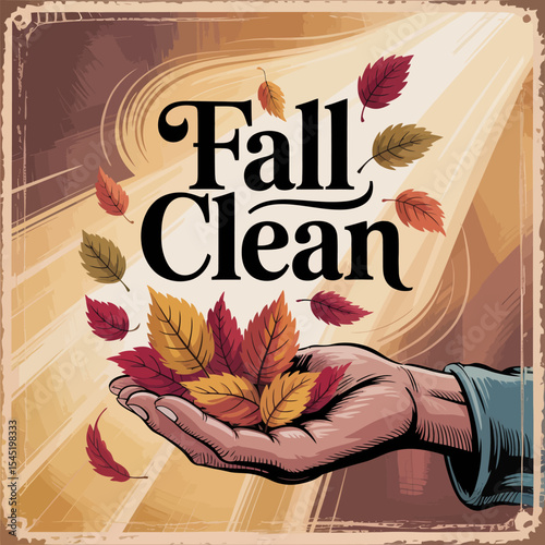 Autumn Fall Clean Up Hand Holding Colorful Leaves Vintage Retro Style Graphic Design Illustration Perfect for Seasonal Cleaning Advertisements Fall Cleaning Service Promotion Marketing Material       
