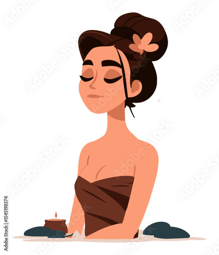 Peaceful Cartoon Woman in Spa with Candles and Stones for Relaxation
