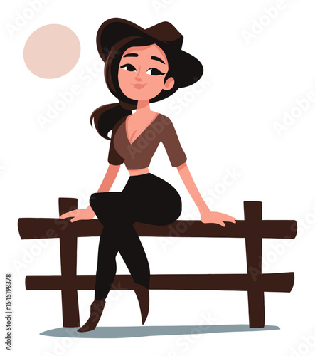Cartoon Woman Sitting on a Fence in a Fun Vector Style Design