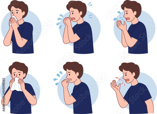  Sick Man Sneezing, Coughing, and Blowing Nose: Vector Illustration of Cold, Flu, Allergy Symptoms and Respiratory Illness Prevention