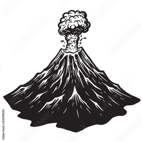 Volcano erupting vintage art silhouette illustrating volcanic activity and natural disasters