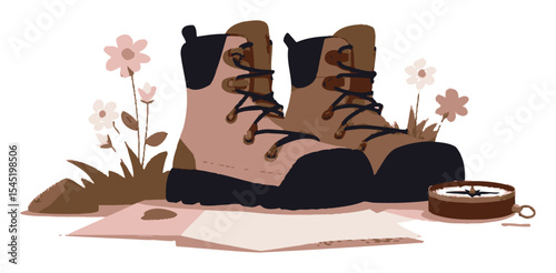 Cartoon Hiking Boots with Flowers and Compass in a Scenic Nature Setting
