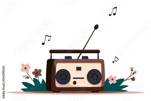 Colorful Cartoon Radio Surrounded by Flowers and Musical Notes Design