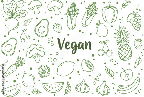 Hand drawn vegan food illustration, fresh fruits and vegetables sketch, healthy plant based diet, organic produce, natural food vector