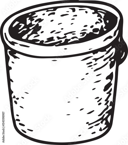 A sketched black-and-white bucket with a sturdy handle, ideal for holding water or cleaning solutions, perfect for household and professional cleaning themes