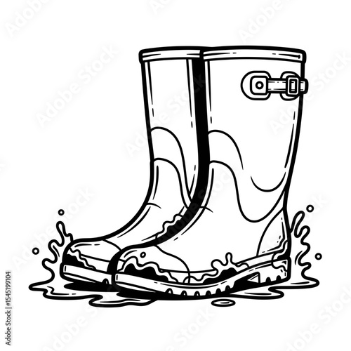 Rubber gardening boots splashing in water in a fun and practical illustration