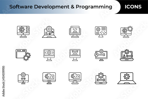 Software Development and Coding icon vector set, software engineer icon vector, Containing automated process development, progress, update, upgrade, speed, efficient time, setup, startup, performance