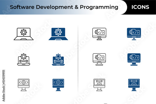 software engineer icon vector, Software Development and Coding icon vector set, Containing automated process development, progress, update, upgrade, speed, efficient time, setup, startup, performance