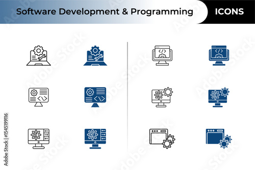 software engineer icon vector, Software Development and Coding icon vector set, Containing automated process development, progress, update, upgrade, speed, efficient time, setup, startup, performance

