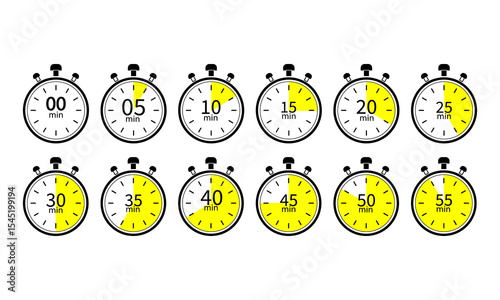 Stopwatch timer icons showing intervals of five minutes