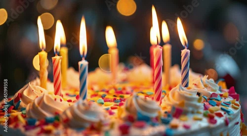 Burning birthday candles on frosted cake decorated with colorful sprinkles